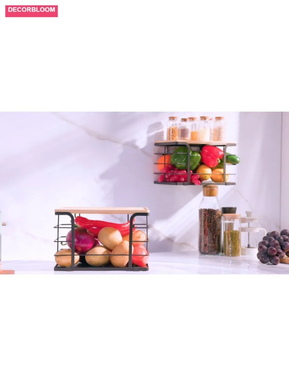 2 Pack Stackable Pantry Organizer Bamboo Stainless Steel Kitchen Storage Bin